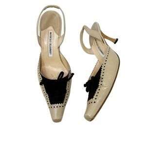 Manolo Blahnik Vintage Two Tone Brogue Slingback Kitten Heels 37.5